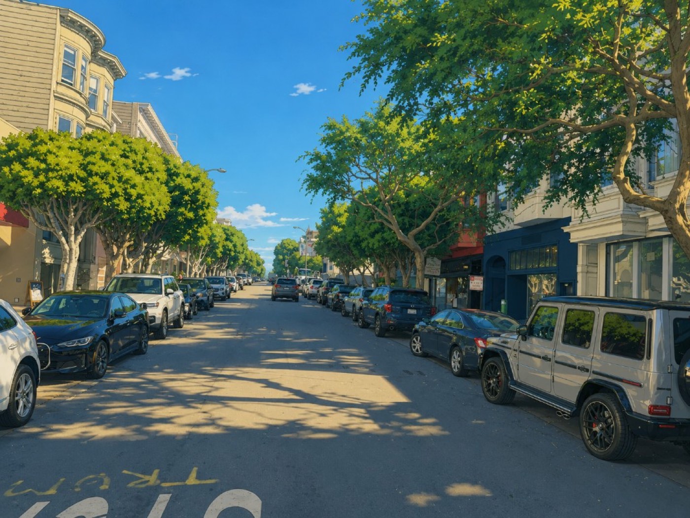 Looking down Sacramento Street in Presidio Heights: Victorian storefronts, tree-lined sidewalks, and parked cars under a clear blue sky