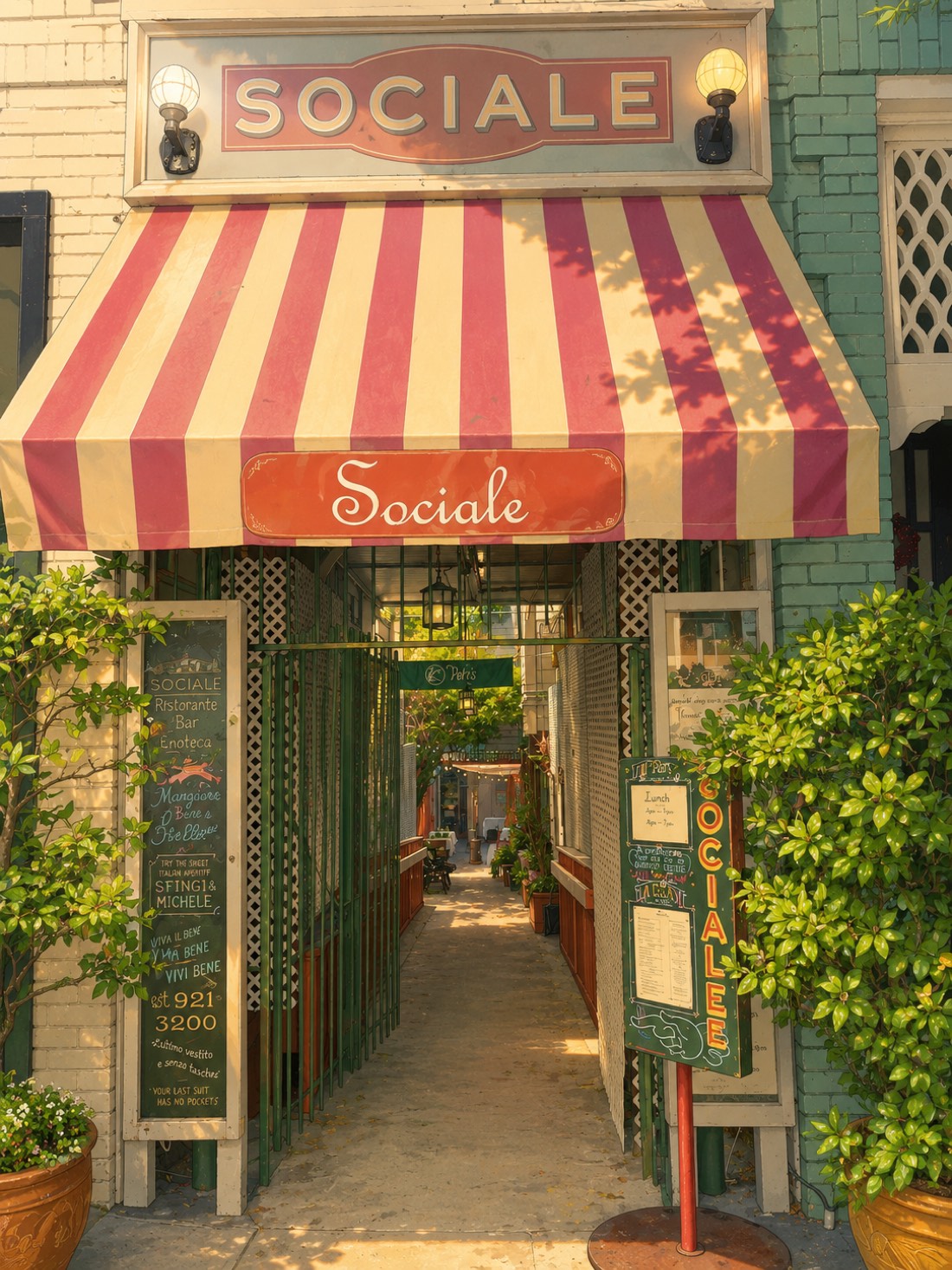 Sociale's striped awning and passageway entrance on Sacramento Street