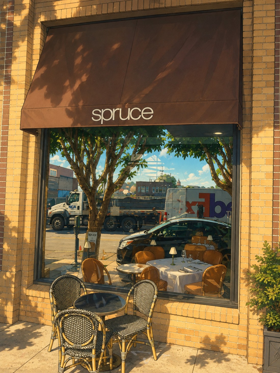 Spruce's awning and window on Sacramento Street